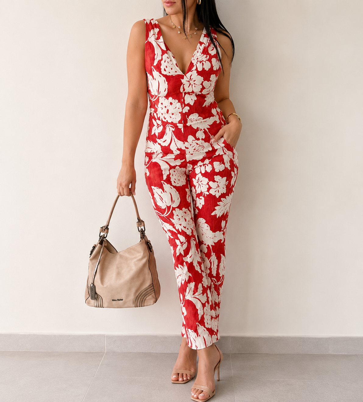 Combinaison Mango rouge et blanc fleuri – Taille S