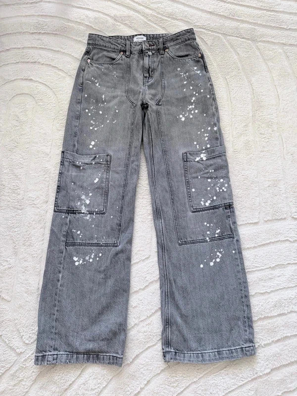Jean cargo gris oversize effet paint – style streetwear Y2K