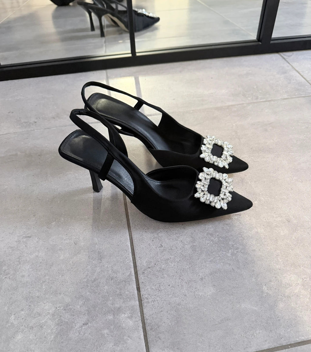 Escarpins slingback noirs à strass – talons élégants – T42