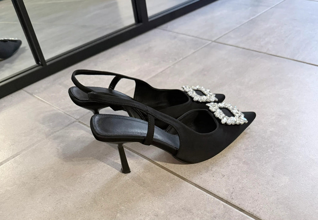 Escarpins slingback noirs à strass – talons élégants – T42