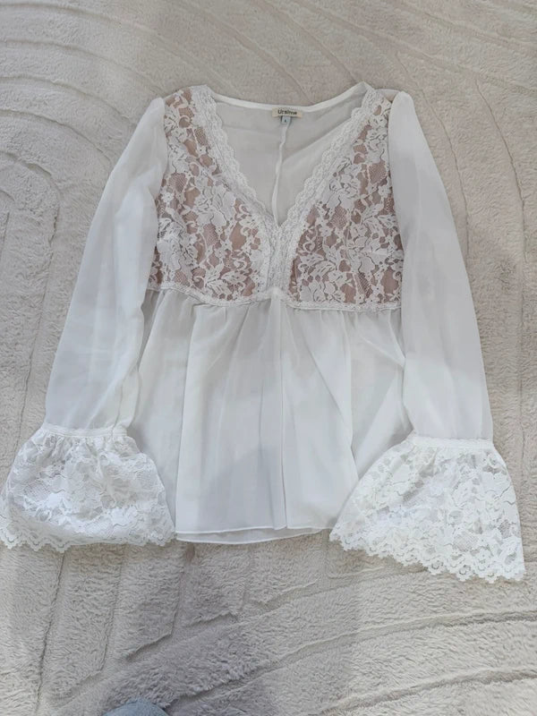 Blouse blanche dentelle bohème Ursime – manches évasées