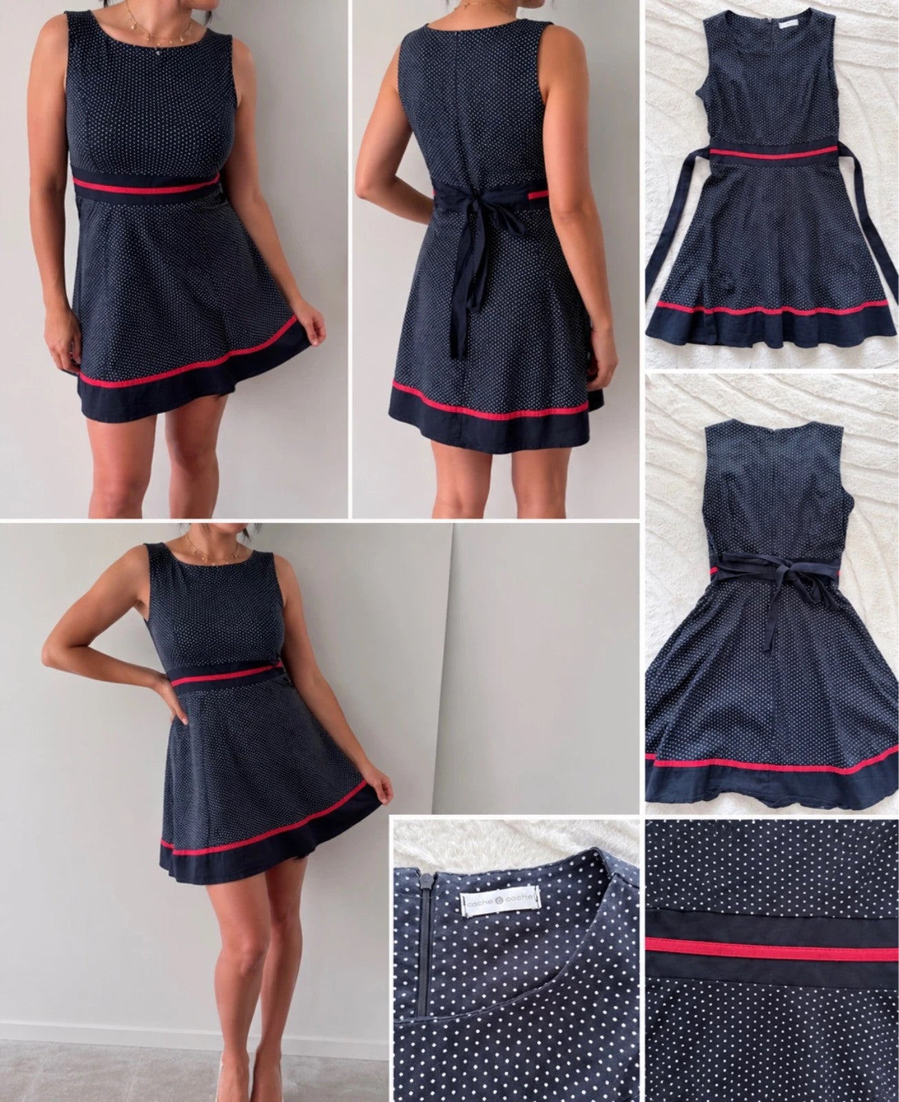 Robe patineuse Cache Cache bleu marine à pois – ceinture rouge, élégante