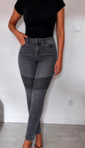 Jean gris IKKS taille haute – style biker – coupe slim