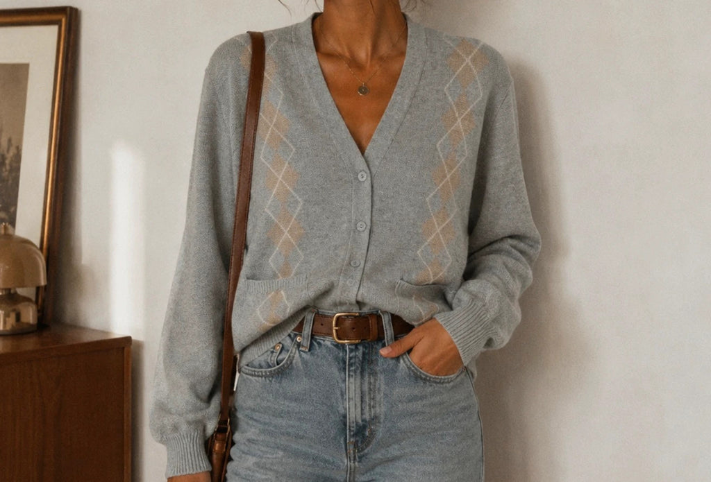 Gilet vintage gris style old money / argyle – Oversize doux et chic