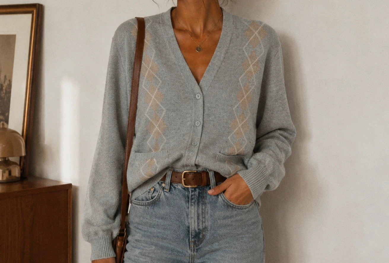 Gilet vintage gris style old money / argyle – Oversize doux et chic