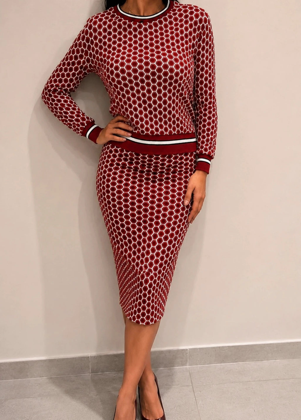 Ensemble maille GP&J Baker x H&M rouge & blanc – Jupe midi + pull – XS