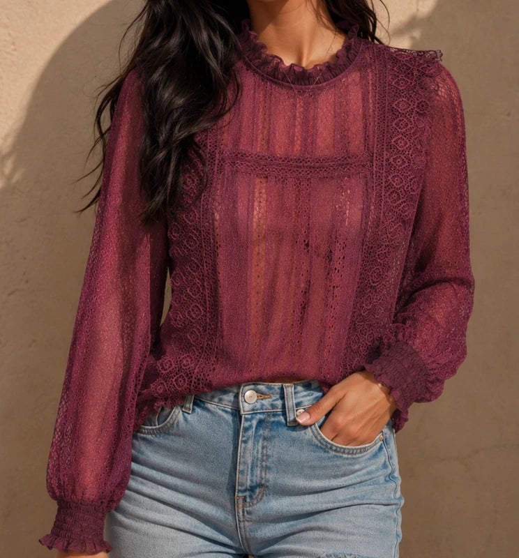 Haut dentelle bordeaux Zara S – transparent col montant