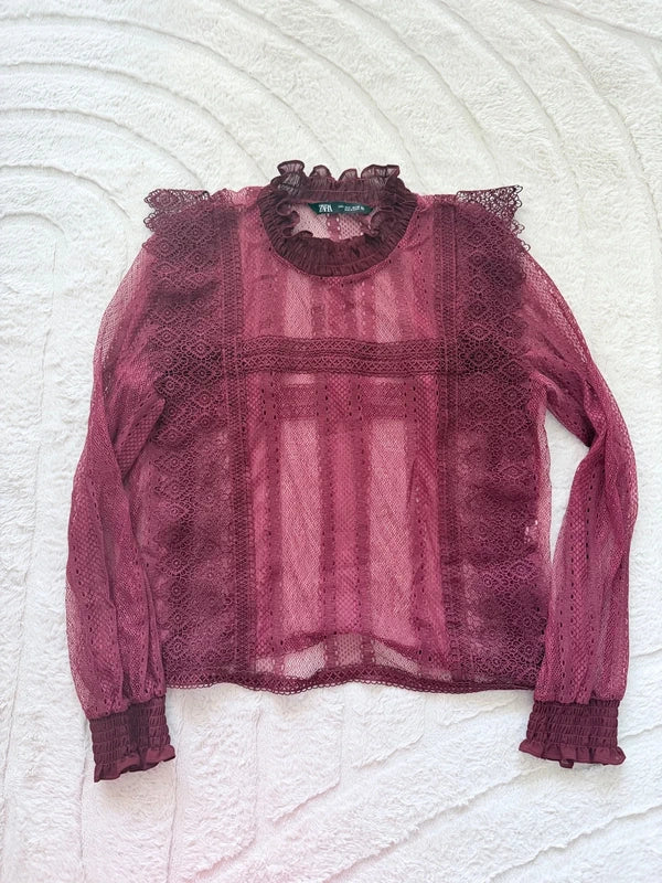Haut dentelle bordeaux Zara S – transparent col montant
