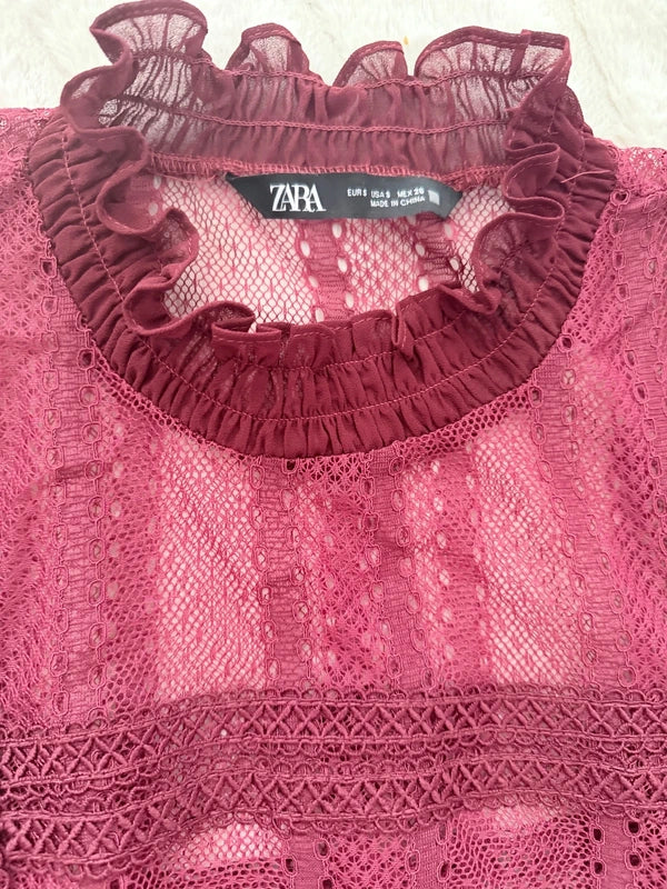 Haut dentelle bordeaux Zara S – transparent col montant