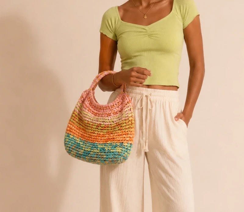 Sac effet paille tressé multicolore bohème pastel