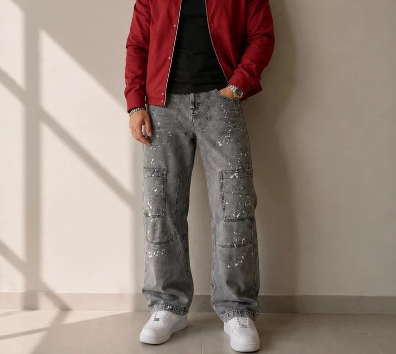 Jean cargo gris oversize effet paint – style streetwear Y2K