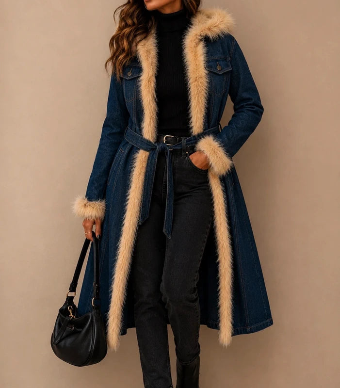 Magnifique manteau mi long en jean avec finitions en fausse fourrure taille M