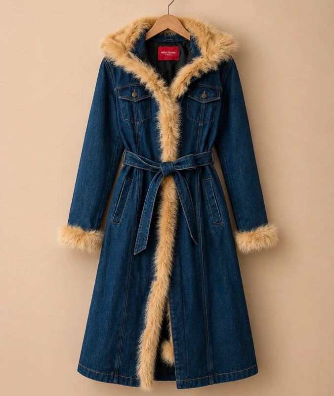 Magnifique manteau mi long en jean avec finitions en fausse fourrure taille M