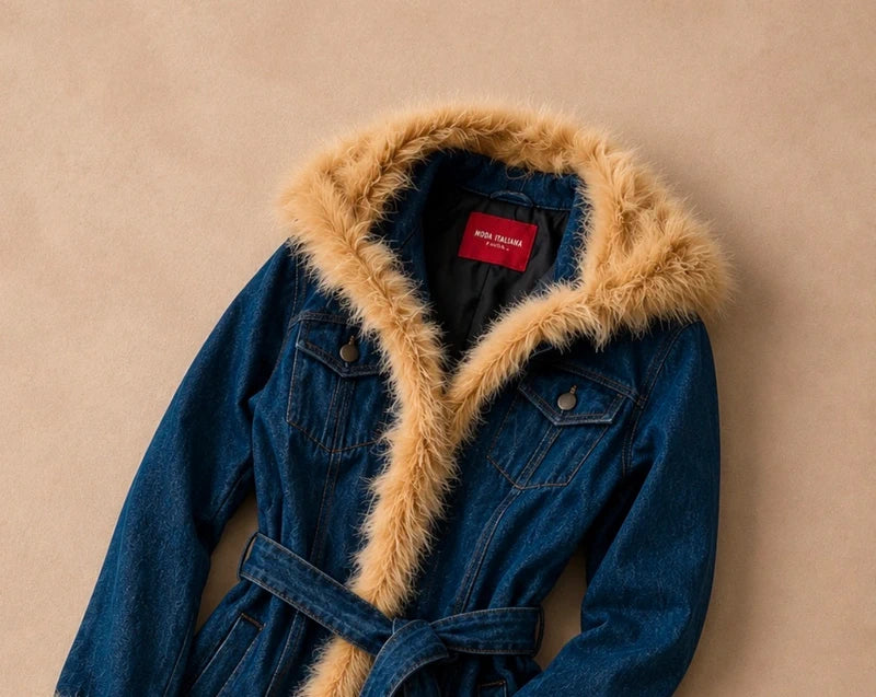 Magnifique manteau mi long en jean avec finitions en fausse fourrure taille M