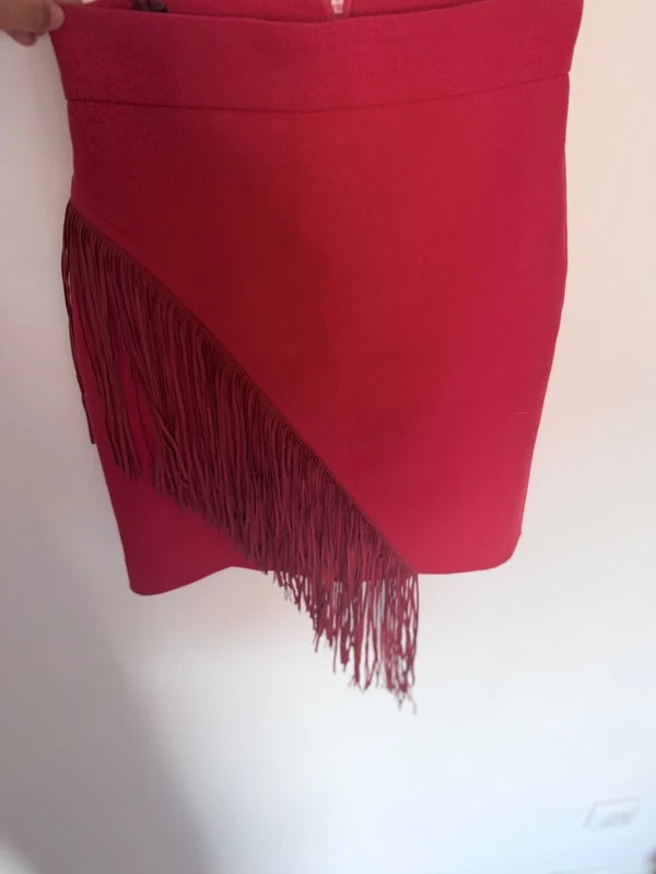 Jupe Maje rouge à franges asymétriques – T34 – Très bon état