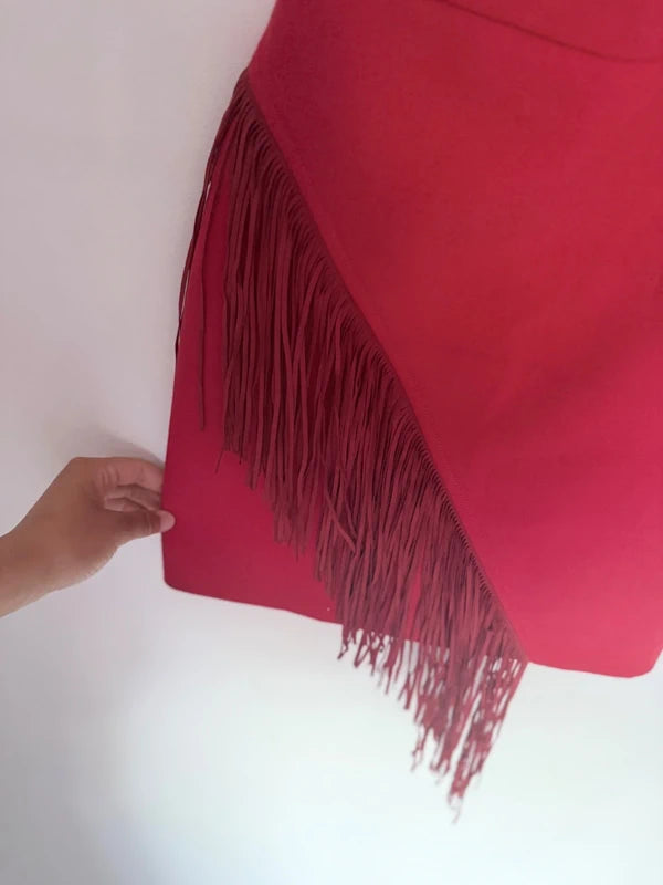 Jupe Maje rouge à franges asymétriques – T34 – Très bon état