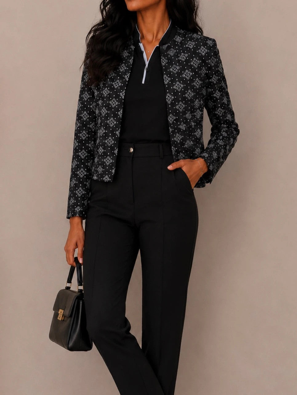Veste courte Caroll noire imprimée – Taille 36 – Made in France