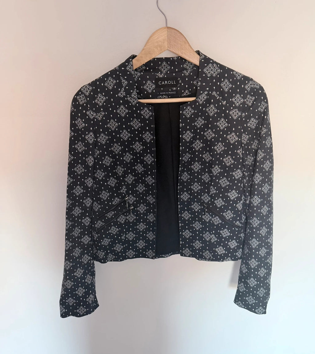 Veste courte Caroll noire imprimée – Taille 36 – Made in France