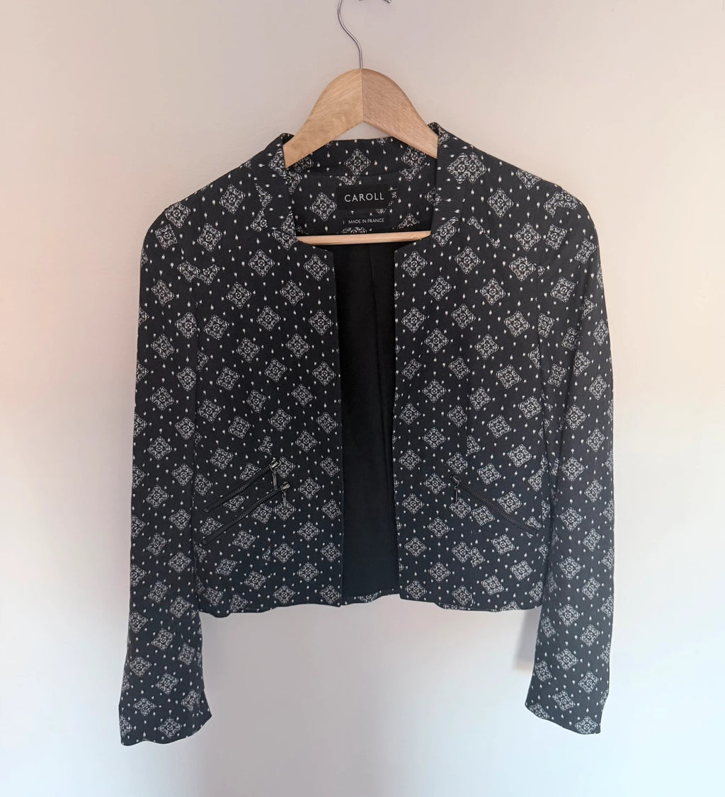 Veste courte Caroll noire imprimée – Taille 36 – Made in France