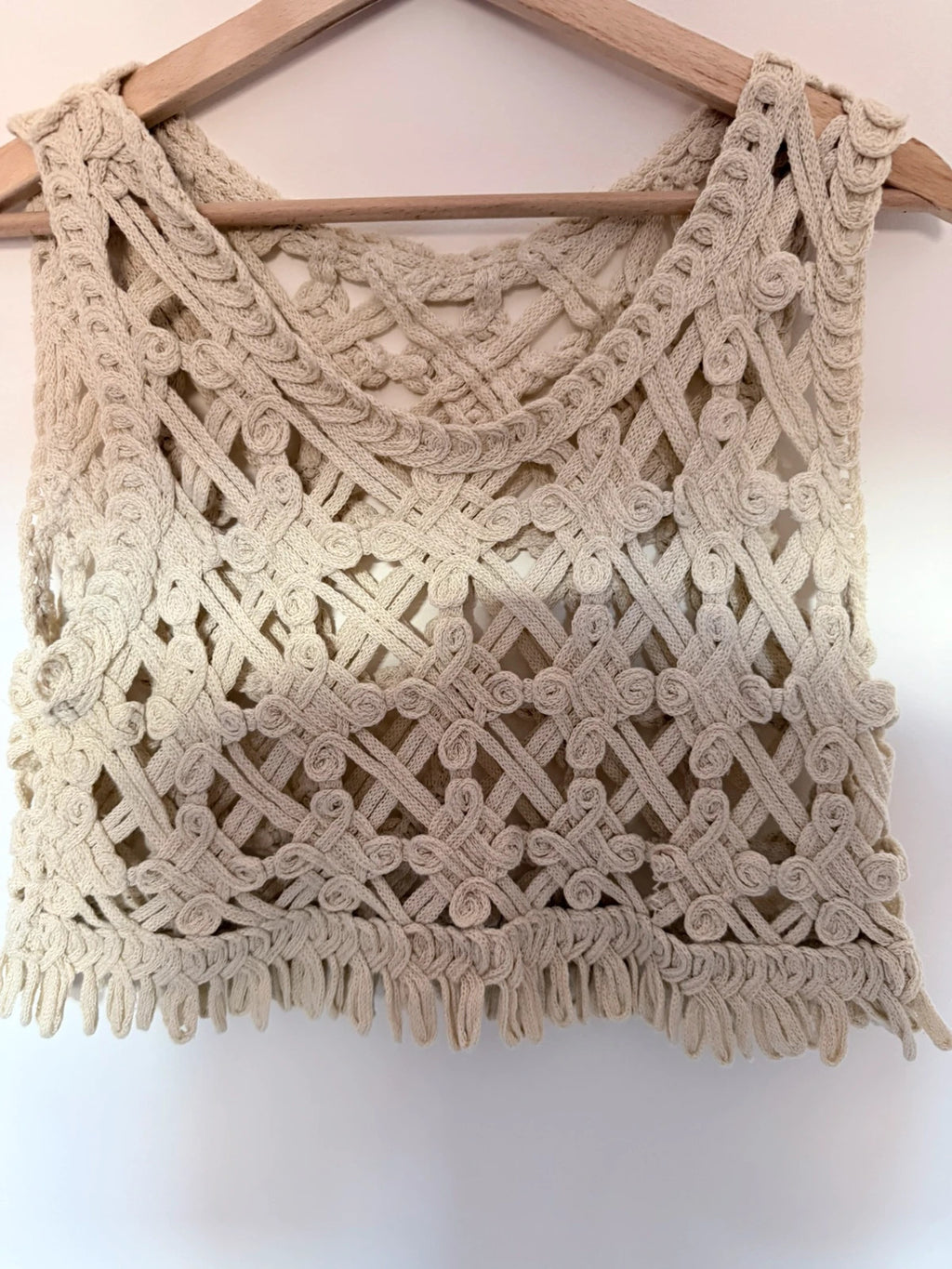 Top crochet bohème écru ajouré style macramé – esprit bohème chic