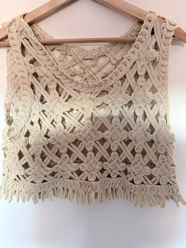 Top crochet bohème écru ajouré style macramé – esprit bohème chic S.M