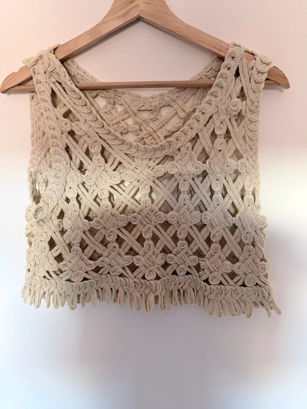 Top crochet bohème écru ajouré style macramé – esprit bohème chic