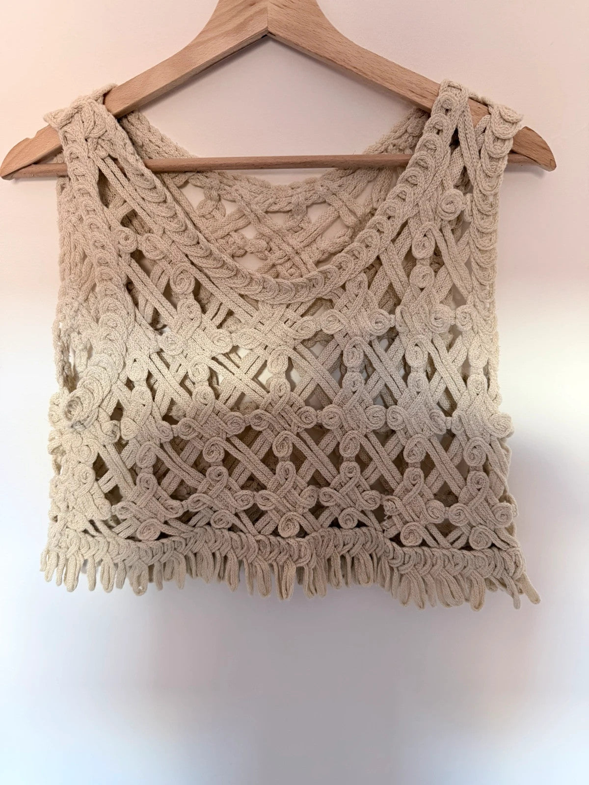 Top crochet bohème écru ajouré style macramé – esprit bohème chic