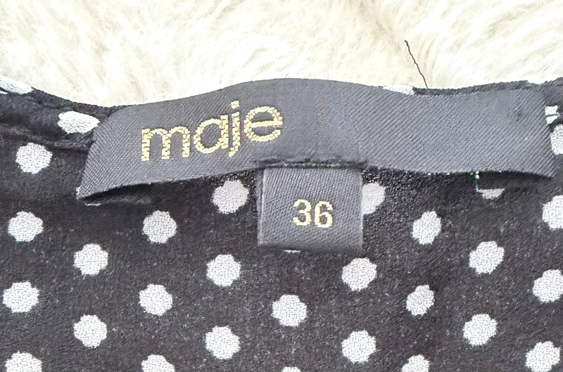 Robe longue asymétrique Maje noire à pois blancs – Taille 36 – Élégante et fluide