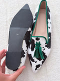 Mocassins imprimé vache noir & blanc avec pampilles vertes – Pointure 39 – Neufs
