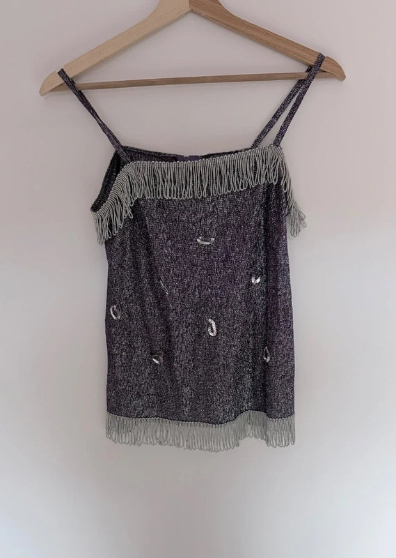 Débardeur artisanal violet pailleté à franges – Fait main – Pièce unique