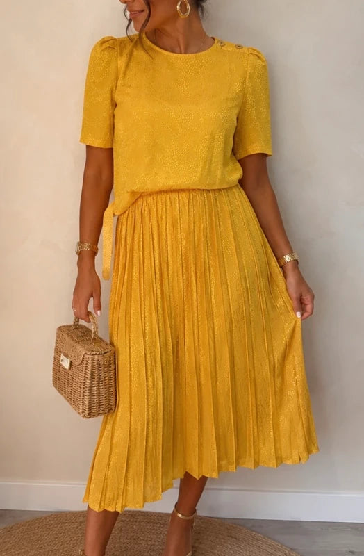 Ensemble vintage jaune– Jupe plissée & haut assorti – Taille M/L