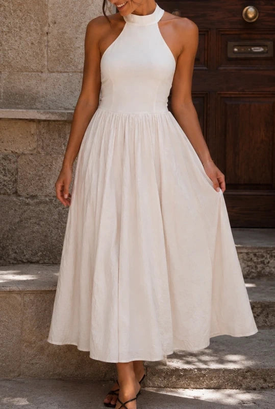 Robe longue Zara blanche col montant dos nu – Taille L – Élégante & estivale
