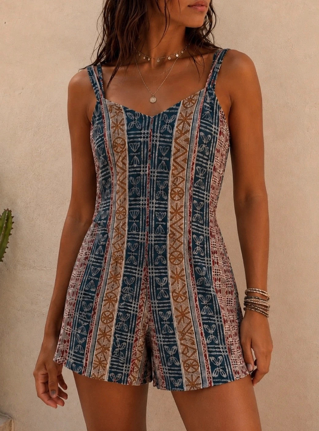 Combinaison short vintage bohème à motifs – Taille S / petit M