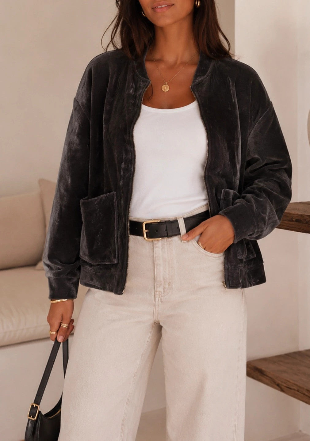 Veste bomber Zara en velours gris anthracite – Taille M – Très bon état