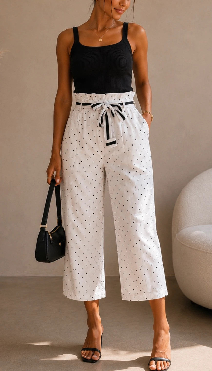 Pantalon large à pois blanc & noir – Taille M – Taille haute avec ceinture
