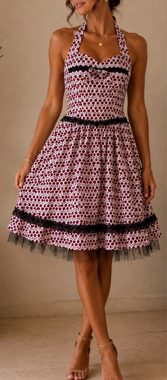 Robe rétro à pois bordeaux & noir – Style pin-up