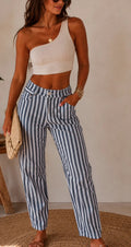 Jean rayé Pull&Bear blanc et bleu – Taille 36 – Coupe droite
