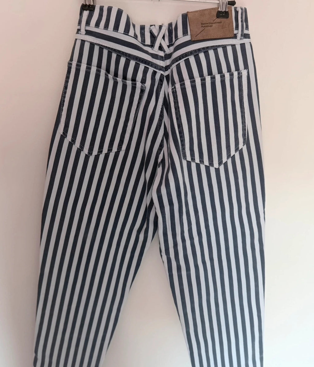 Jean rayé Pull&Bear blanc et bleu – Taille 36 – Coupe droite