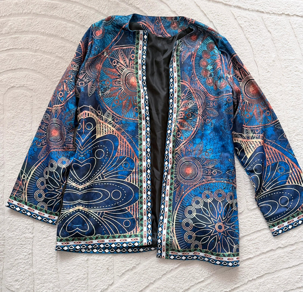 Veste kimono imprimée bleu marine bohème – Taille 3XL – Très bon état