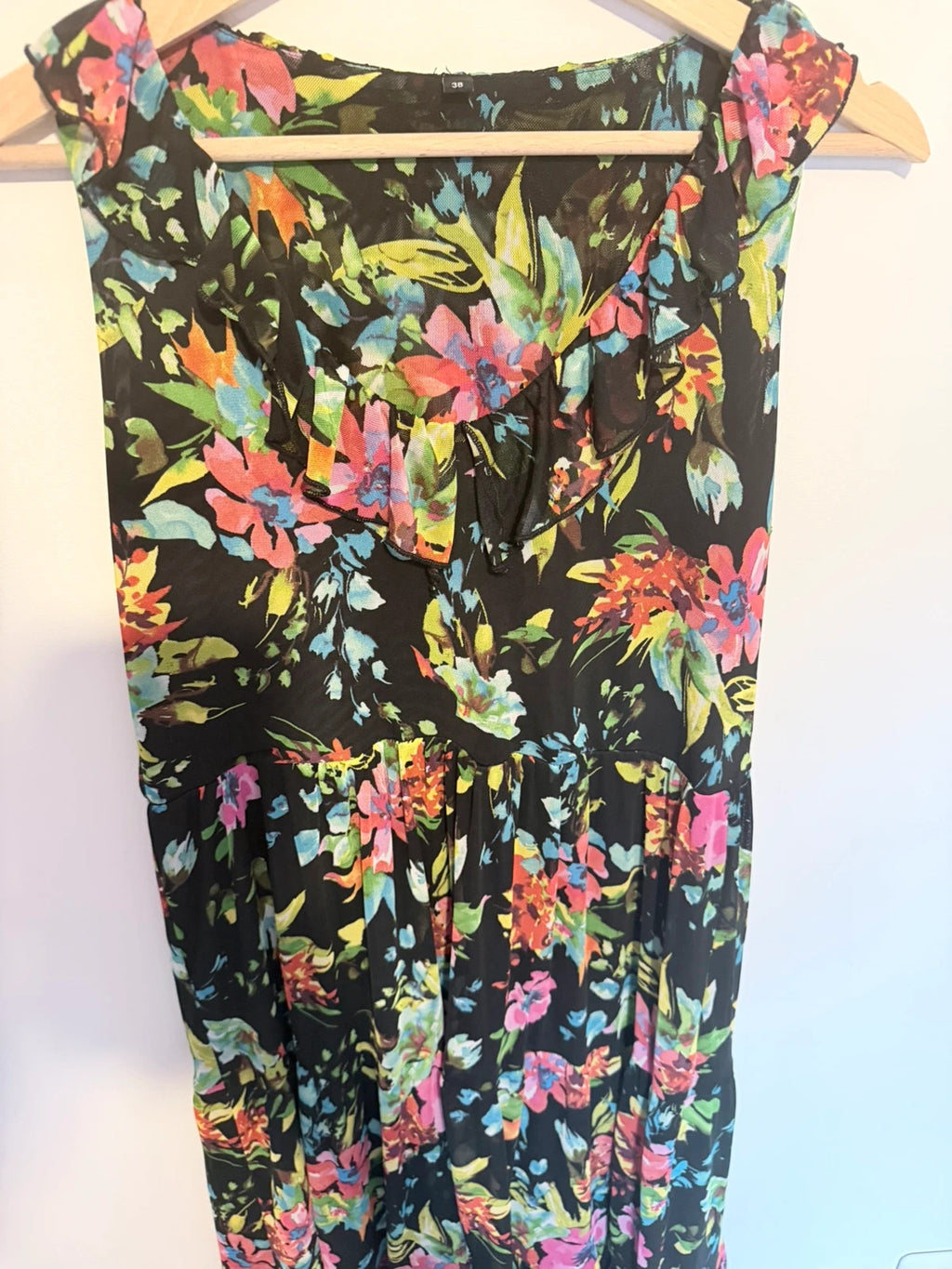 Robe longue fleurie noire à volants – Taille 38 – Style bohème chic
