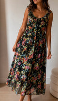 Robe longue fleurie noire à volants – Taille 38 – Style bohème chic
