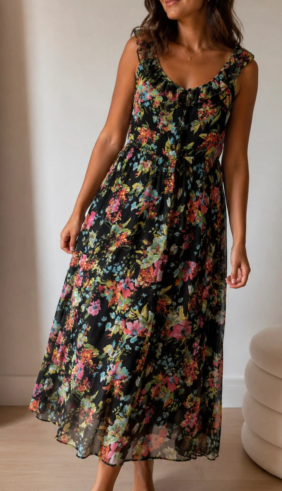 Robe longue fleurie noire à volants – Taille 38 – Style bohème chic