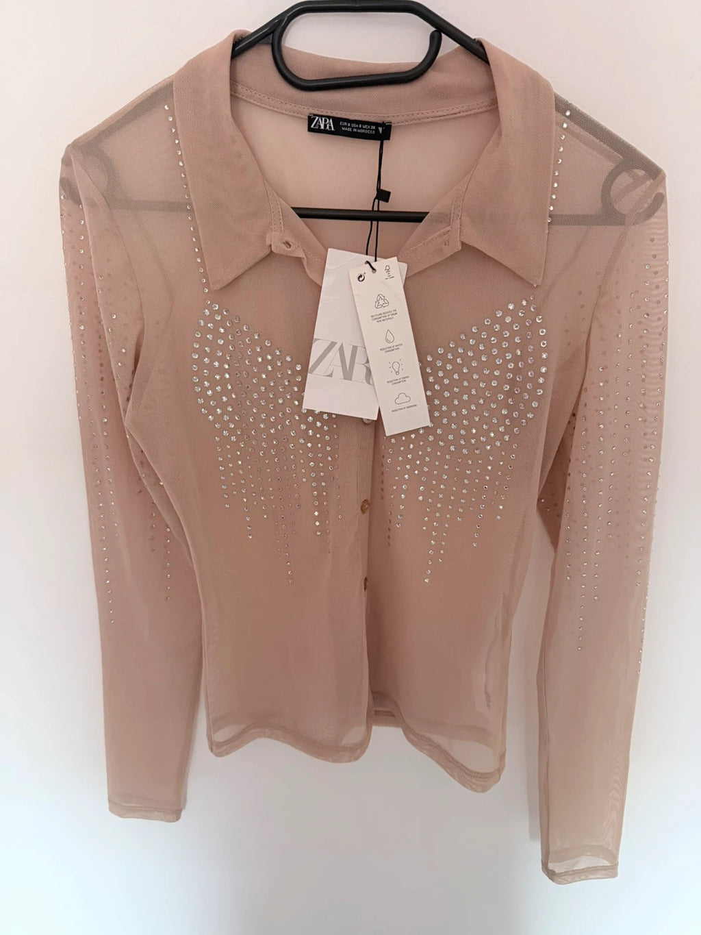 Chemise transparente Zara beige à strass – Neuve avec étiquette – Taille S