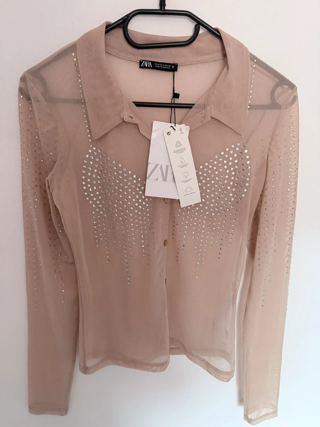 Chemise transparente Zara beige à strass – Neuve avec étiquette – Taille S