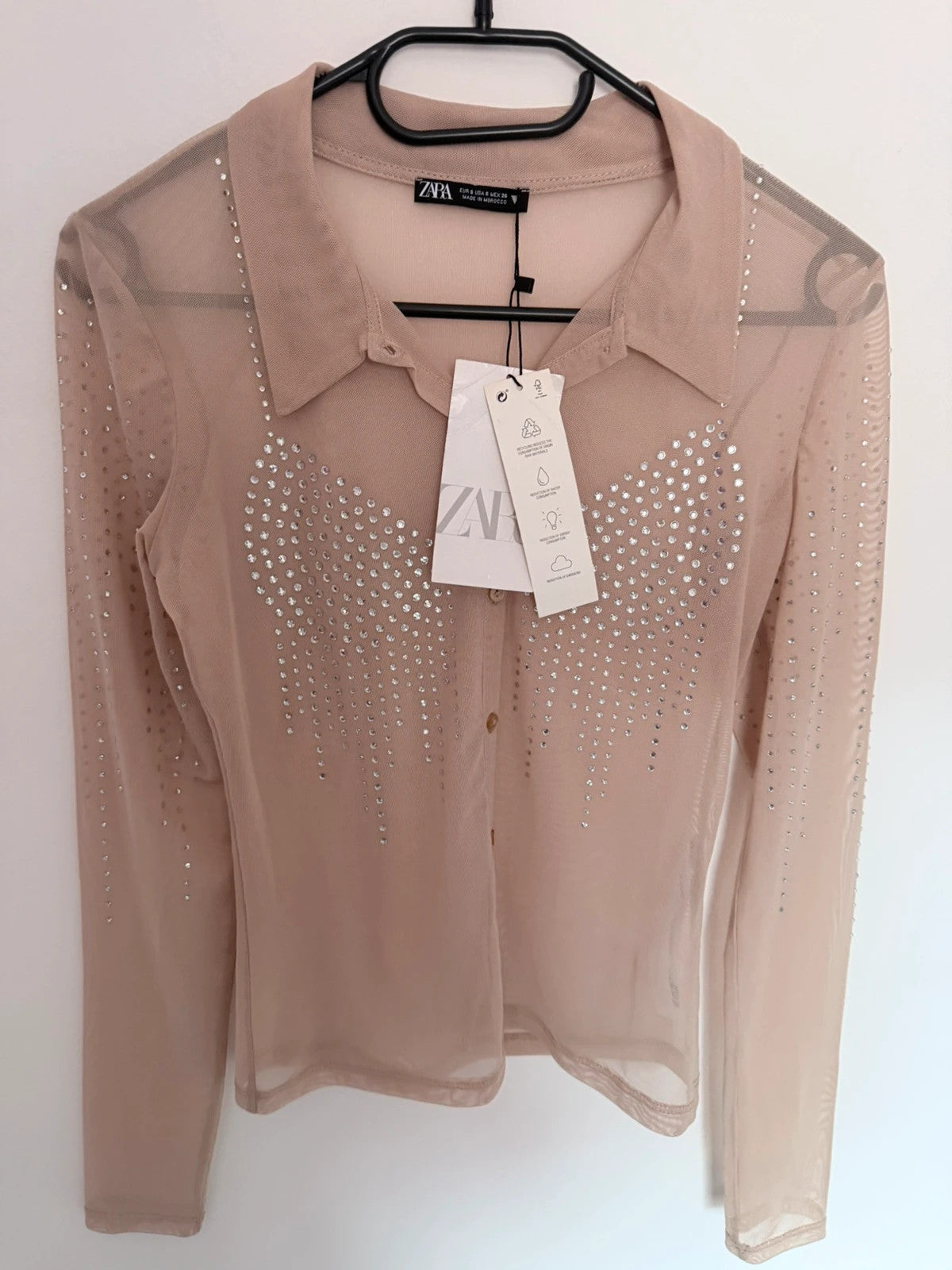 Chemise transparente Zara beige à strass – Neuve avec étiquette – Taille S