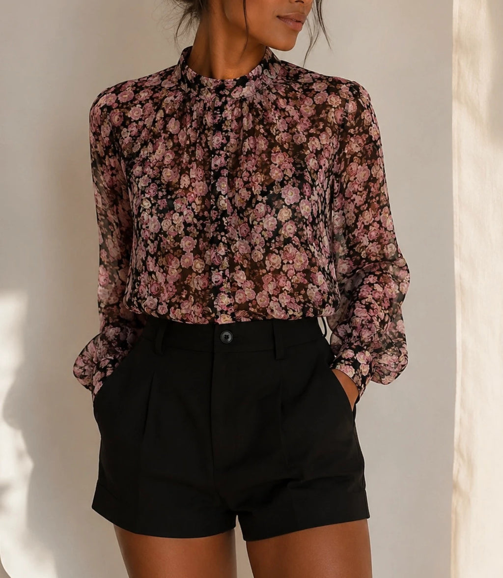 Chemisier transparent à fleurs noir & rose – Taille S – Léger et élégant