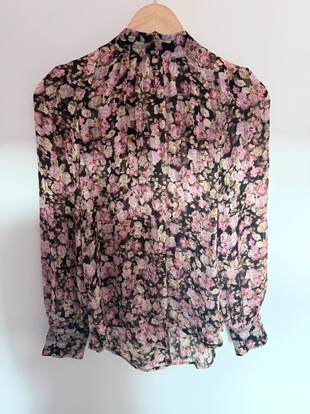Chemisier transparent à fleurs noir & rose – Taille S – Léger et élégant