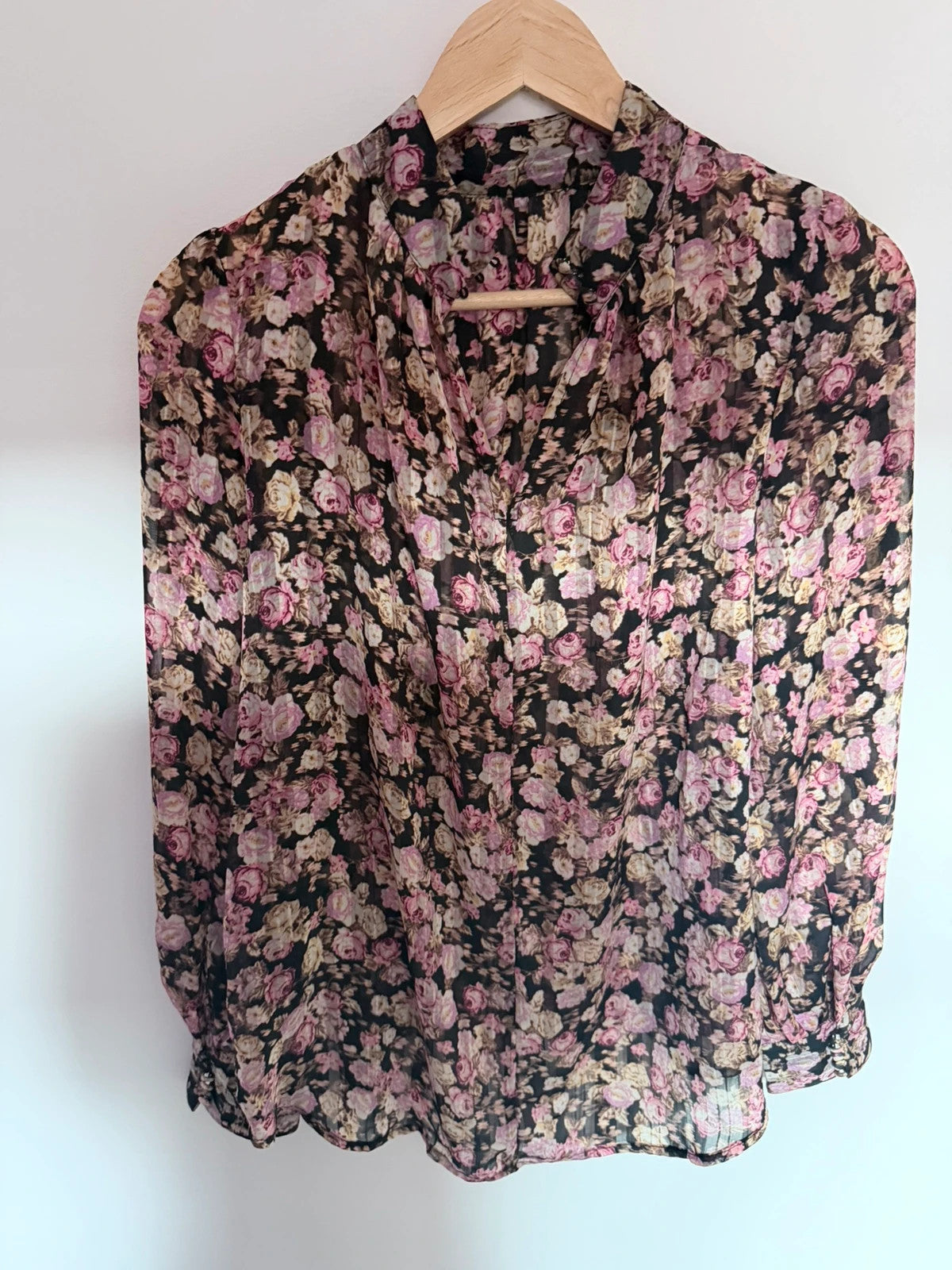 Chemisier transparent à fleurs noir & rose – Taille S – Léger et élégant