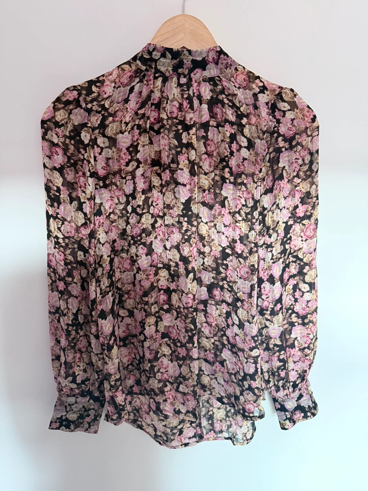 Chemisier transparent à fleurs noir & rose – Taille S – Léger et élégant
