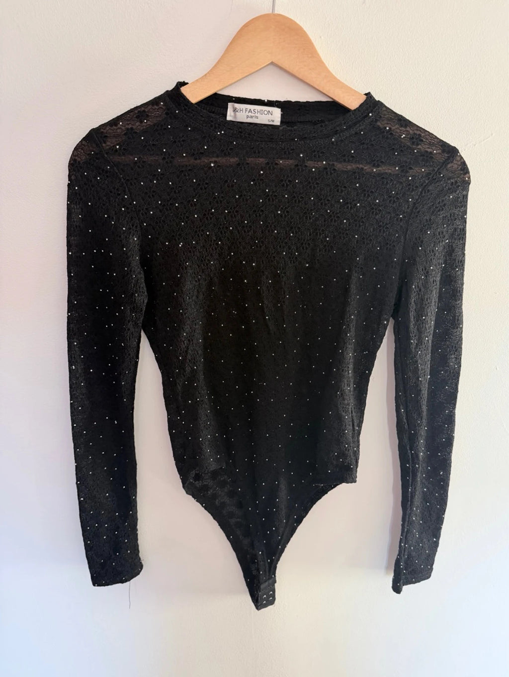 Body noir en dentelle transparente à strass – Taille S/M – Élégant & chic